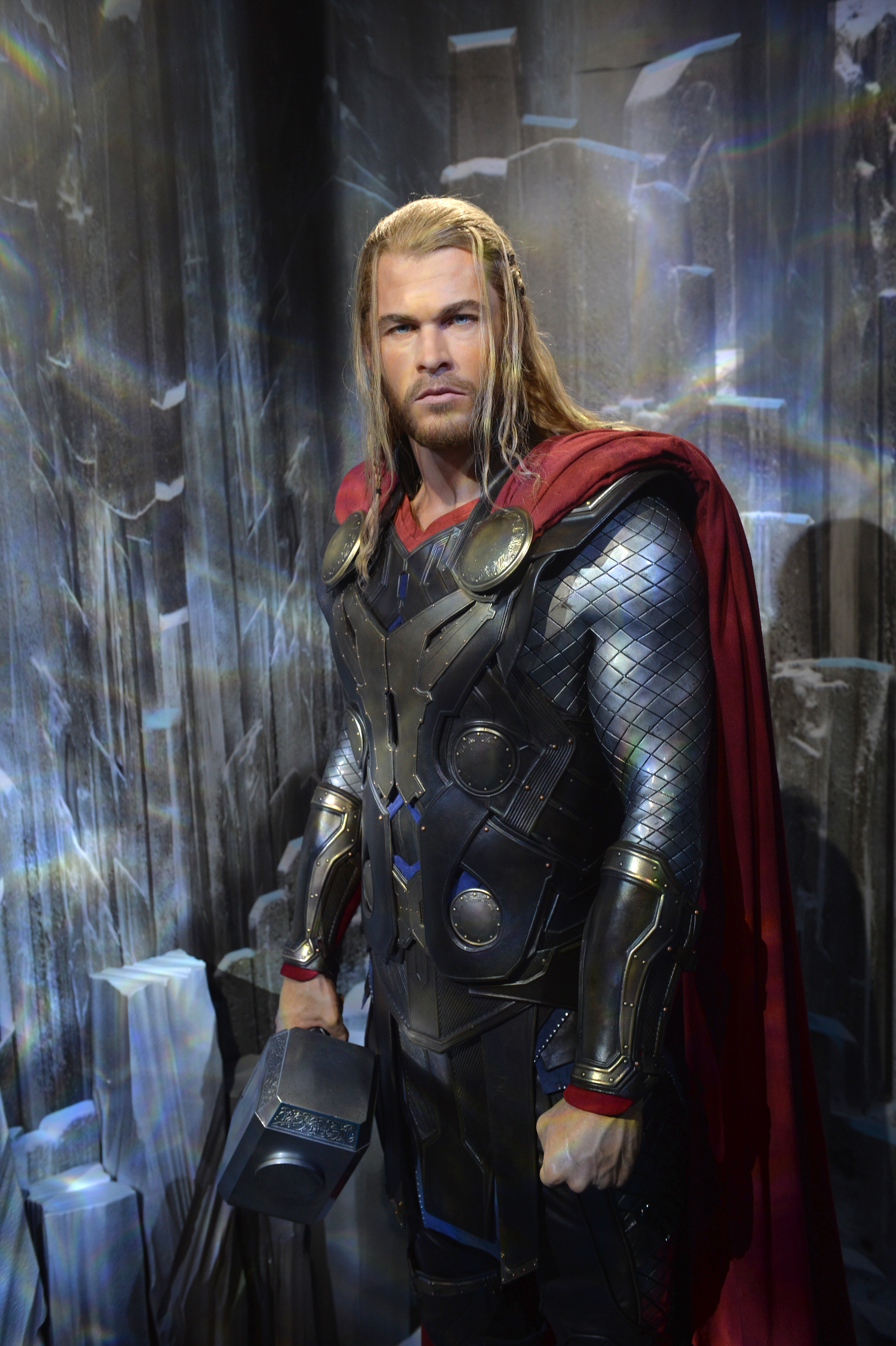 Thor wax figure holding his hammer at Madame Tussauds Blackpool