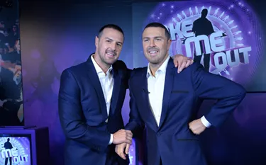 Paddy McGuinness shaking hands with his Paddy McGuinness wax figure at Madame Tussauds Blackpool