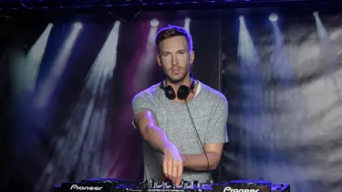 Calvin Harris DJ's on a deck at Madame Tussauds Blackpool