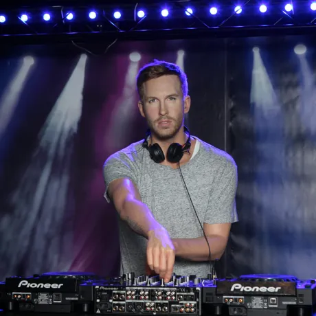 Calvin Harris DJ's on a deck at Madame Tussauds Blackpool