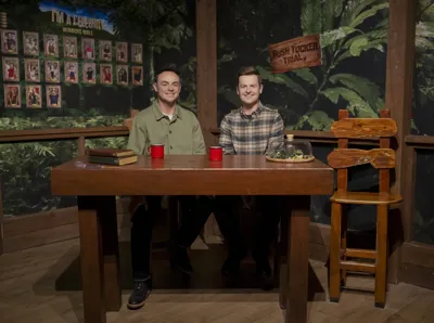 Ant & Dec's wax figures sat behind a desk at Madame Tussauds Blackpool