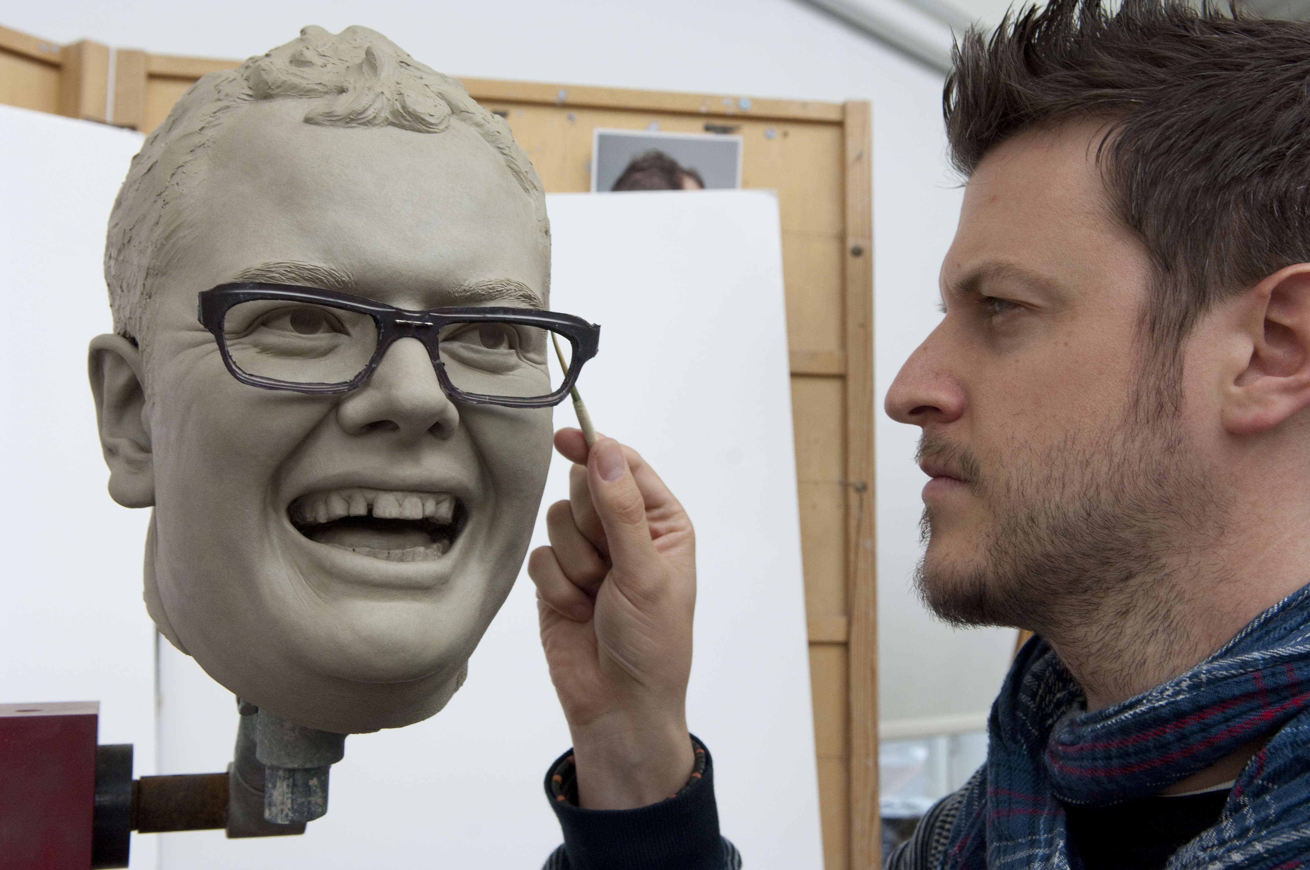 Alan Carr wax figure in clay being worked on