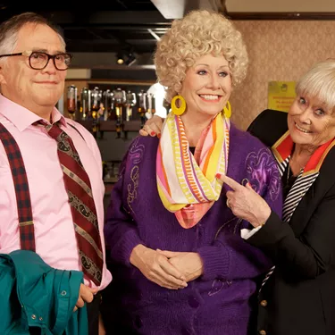 Liz Dawn meets Jack and Vera's wax figures at Madame Tussauds Blackpool on the set of Rovers Return