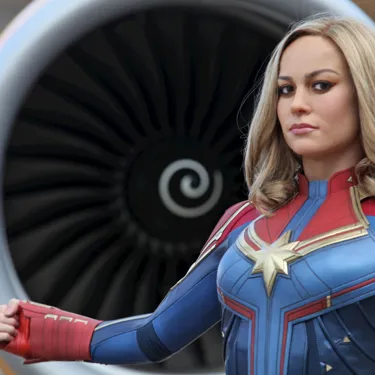 Captain Marvel wax figure in front of an aircraft 