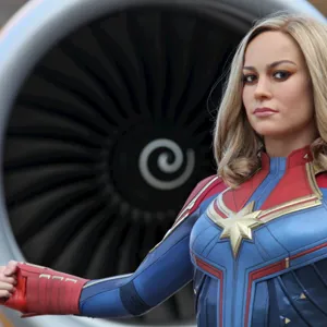 Captain Marvel wax figure in front of an aircraft