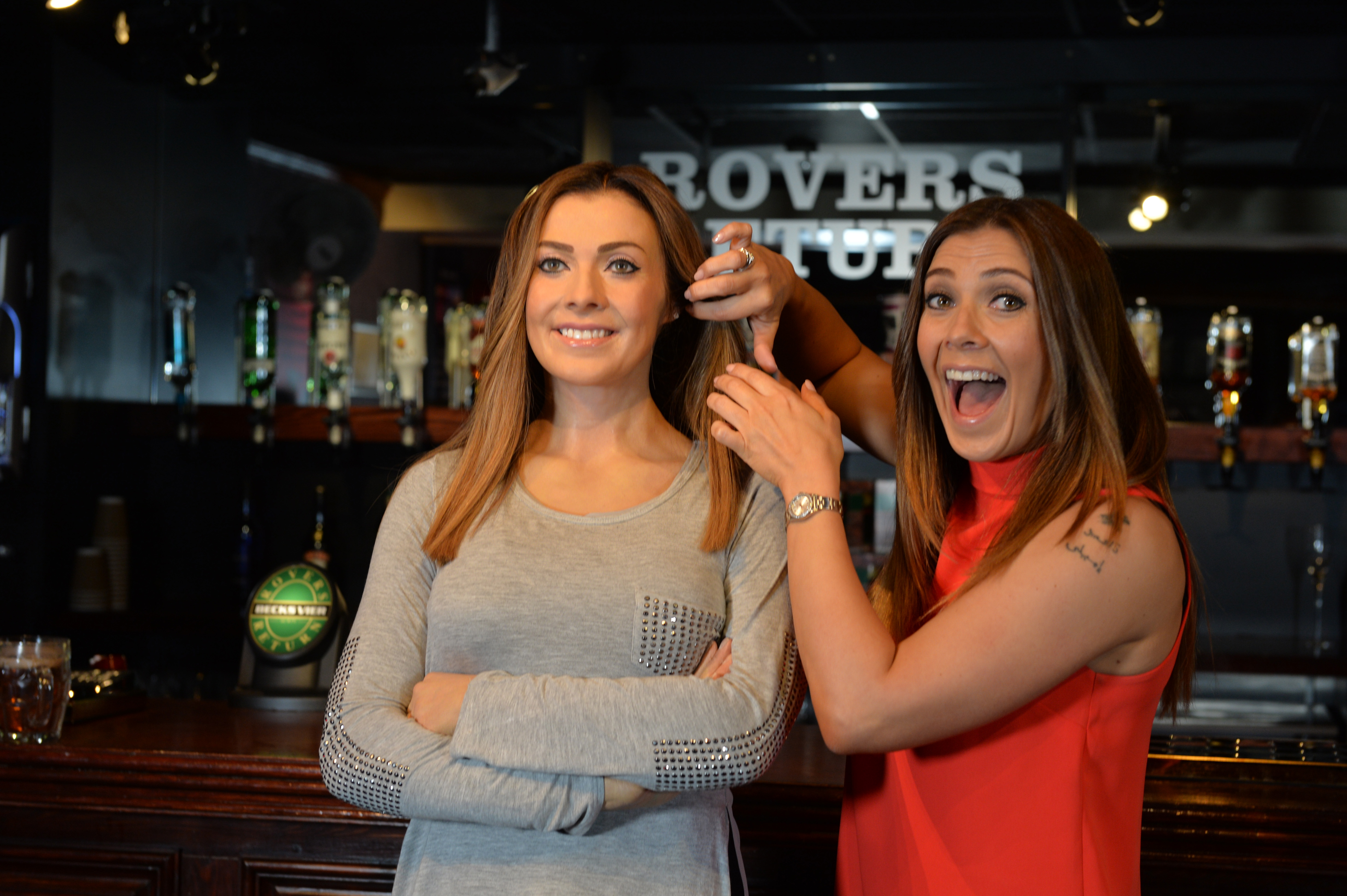 Kym Marsh meets Michelle Connor's wax figure at Madame Tussauds Blackpool in Rovers Return