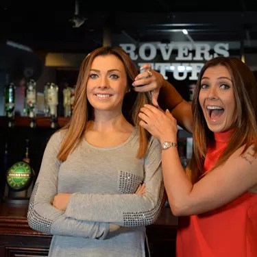 Kym Marsh meets Michelle Connor's wax figure at Madame Tussauds Blackpool in Rovers Return