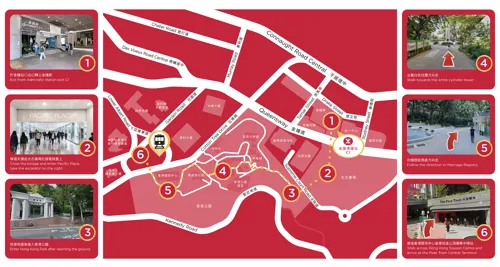 A map of The Peak, with directions to Madame Tussauds Hong Kong via the MTR East rail line Admiralty Station.
