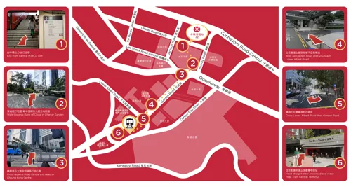 A map of The Peak, with directions to Madame Tussauds Hong Kong via the MTR Central line Central Station.