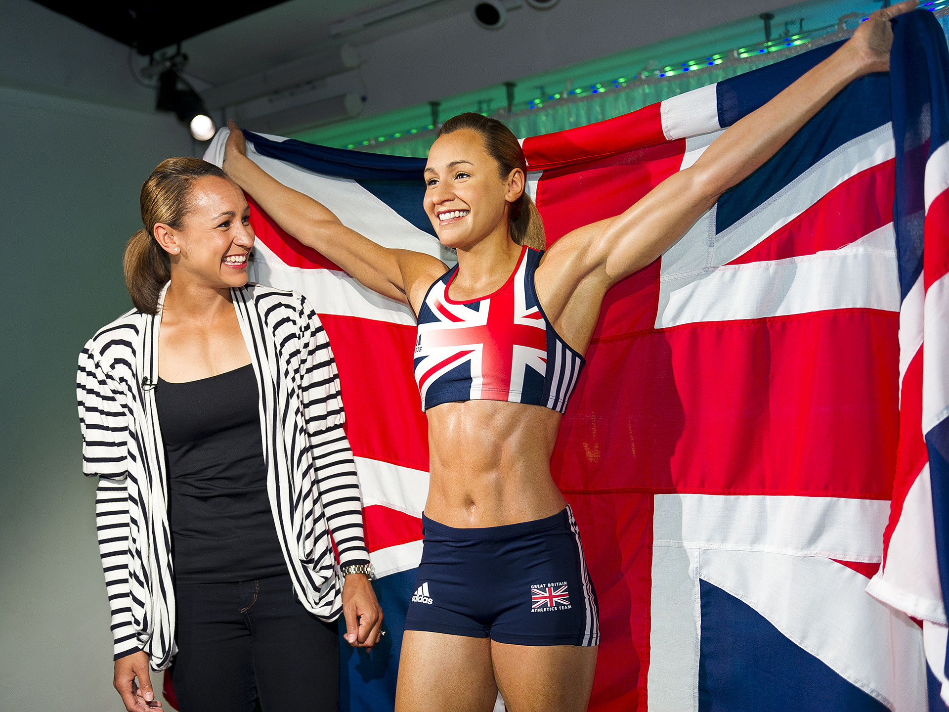 Jessica Ennis-Hill with her own figure holding a Union Jack flag