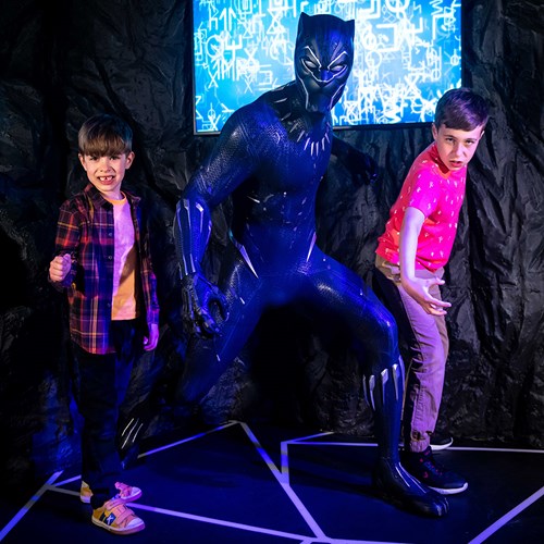 Children with Black Panther at Madame Tussauds London's Marvel Hall Of Heroes
