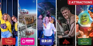 pciture of sea life London, shrek's adventure, london eye and the london dungeon