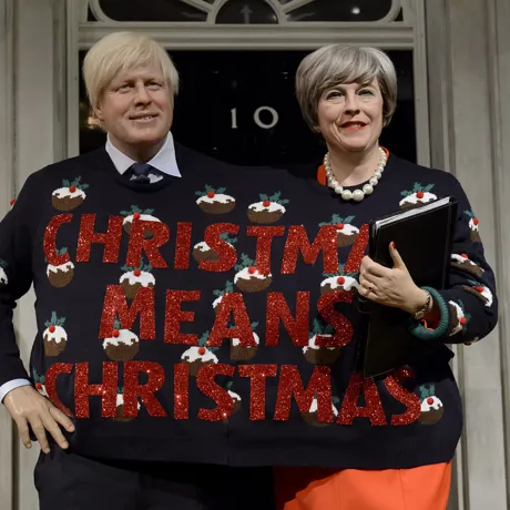 Boris Johnson Theresa May's figures in Christmas Jumper