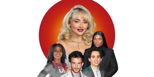 A digital collage for Madame Tussauds Hot 100 features Sabrina Carpenter at the center, depicted in full color with glamorous blonde curls and a sparkling necklace. Surrounding her are Sha’Carri Richardson, Jonathan Bailey, Marcello Hernández, and Law Roach, shown in black and white. The bold red-orange circle in the background creates a striking contrast, highlighting these notable personalities featured in Madame Tussauds' Hot 100 list.