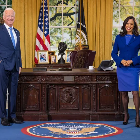 Wax figures of Biden and Kamala in the Oval Office.