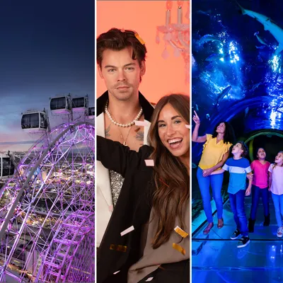 A collage featuring three distinct attractions. On the left, The Orlando Eye observation wheel is illuminated with purple lights against the evening sky. In the center, two visitors pose with a wax figure of a celebrity, with confetti in the air, at Madame Tussauds. On the right, a mother and three children walk through an underwater tunnel at SEA LIFE Aquarium, gazing up at sharks swimming overhead. The image showcases a variety of fun and engaging experiences in Orlando.