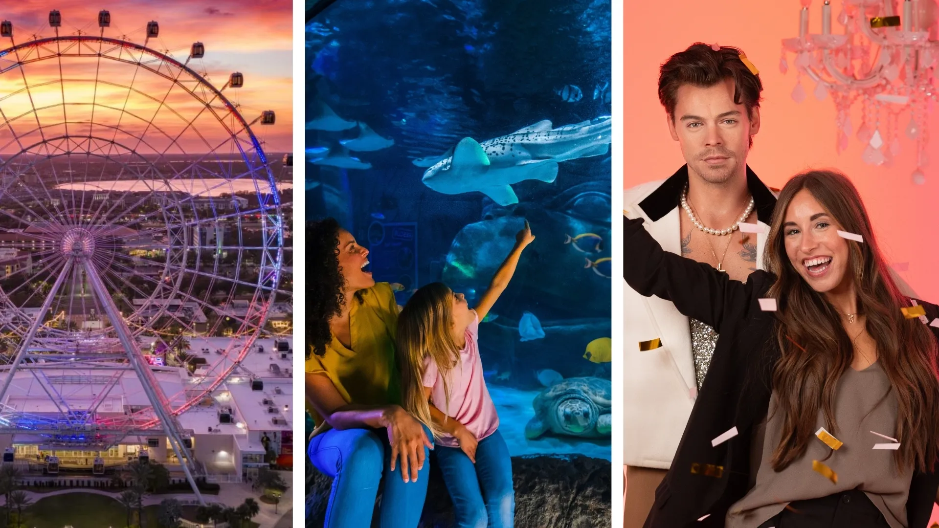A dynamic collage featuring an aerial view of The Orlando Eye, guests admiring a zebra shark at SEA LIFE Aquarium, and Madame Tussauds Orlando’s wax figure of Harry Styles