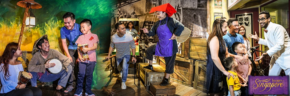 A series of setups in Madame Tussaud, showcasing wax figurines such as a man with a backdrop of a Malay fishing village, a Samsui woman in Chinatown and a Tv salesman in the old days of Singapore. Visitors smile as they observe and pose with them.