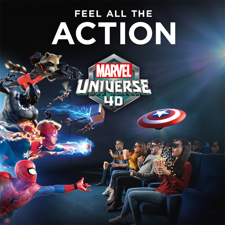 Family and friends in a 4D cinema theatre watching Marvel Universe 4D show in Madame Tussauds Singapore