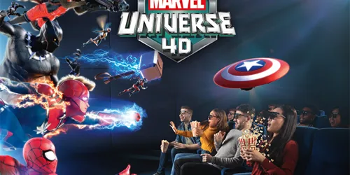 Family and friends in a 4D cinema theatre watching Marvel Universe 4D show in Madame Tussauds Singapore