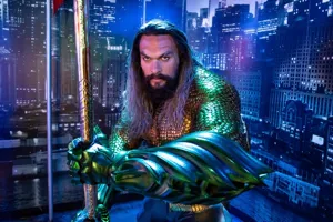 aquaman wax work in front of city