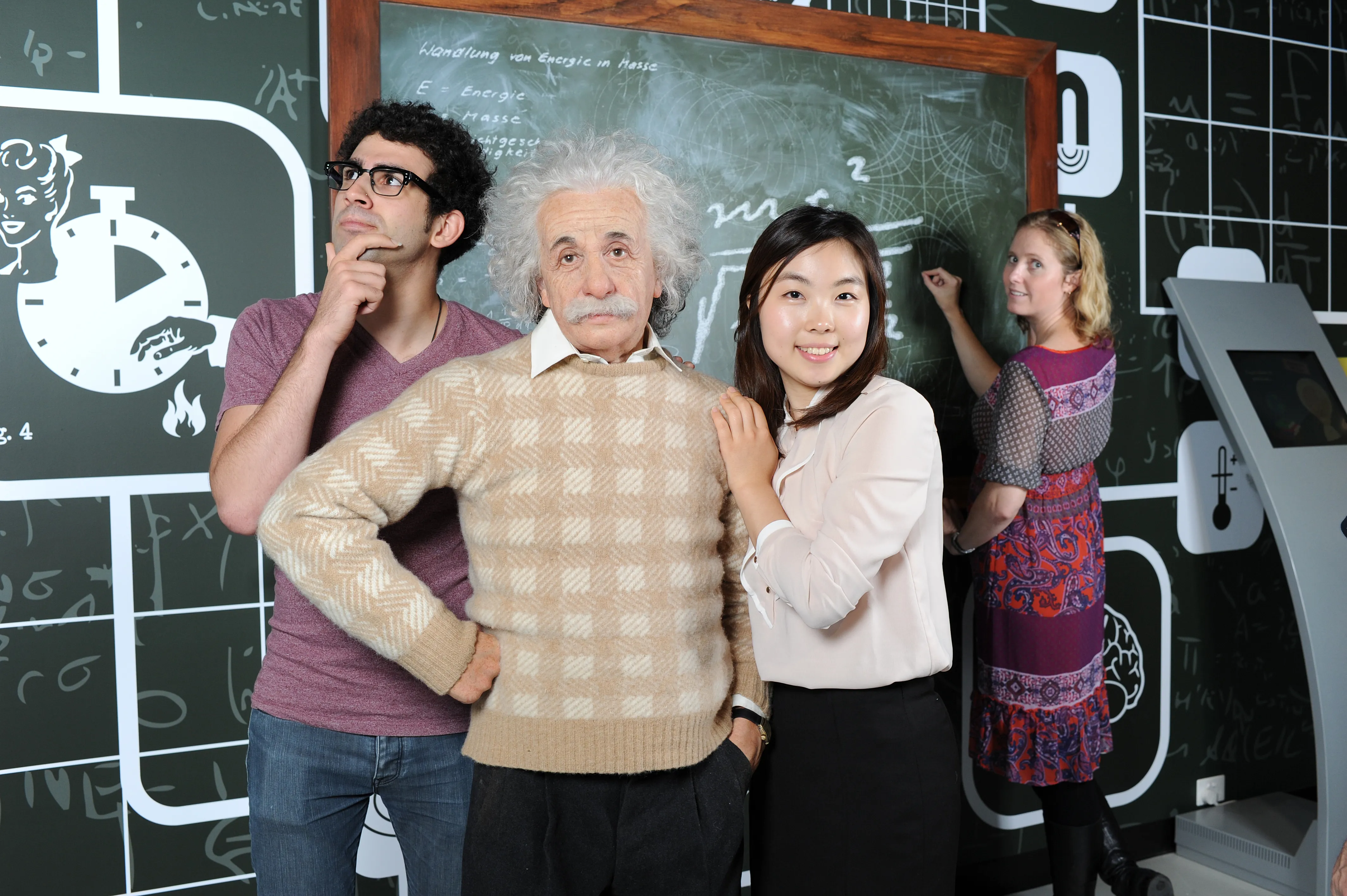 einstein wax work with people and chalk board