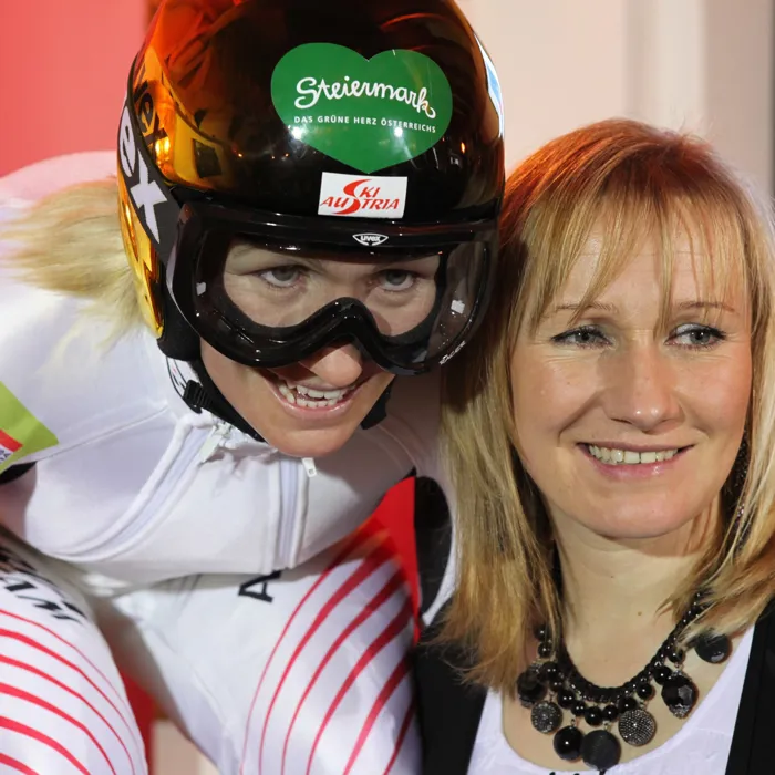 Skiracer Renate Götschl next to her wax figure at Madame Tussauds™ Vienna